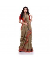 Women`s Traditional Bengali Tant Handloom Cotton Saree Loveria Design With Blouse Piece (Tan Colour)